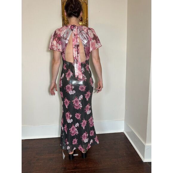 ASOS DESIGN Flutter Sleeve Tie Back Midi Tea Dress In Mixed Metallic Floral Sz 8 - Picture 6 of 7